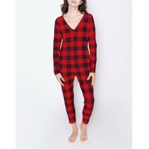 Smash + Tess Woman Red Black Plaid Long Sleeve Romper SMALL Cozy Loungewear